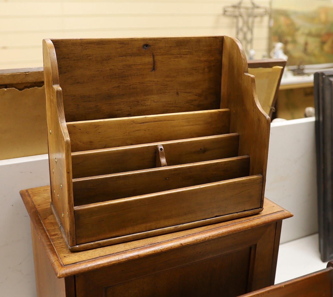 A cutlery drawer, a book shelf, letter rack, table top document cabinet and a hat dome, cabinet 29cms high x 37cms wide